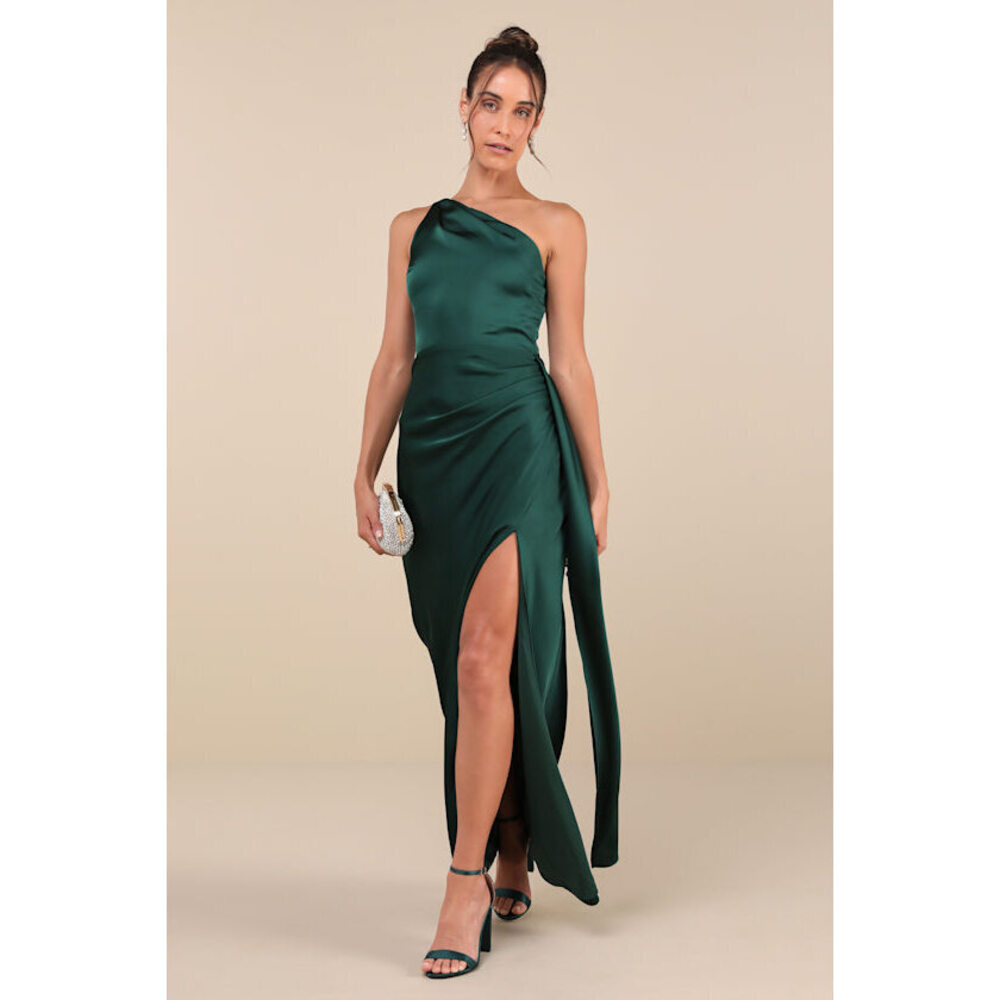 Lulus Signature Elegance Emerald Satin One-shoulder Maxi Dress Green - Size L
